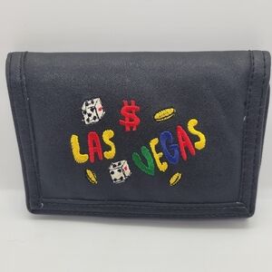 Vintage Rare Las Vegas Black Wallet Faux Leather Zip Compartments Credit Cards